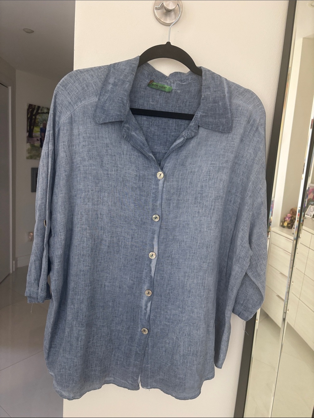 Relaxed Chambray-Style Button-Down Shirt in Light Blue